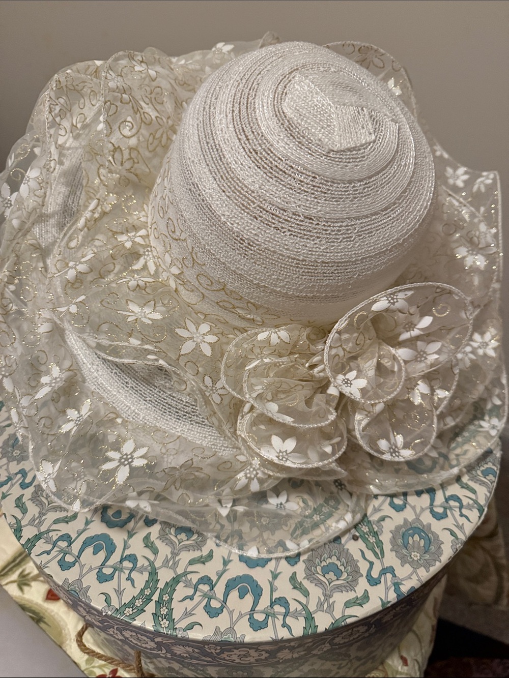 Ivory Floral Lace Women’s Sunday Hat with Decorative Rosettes